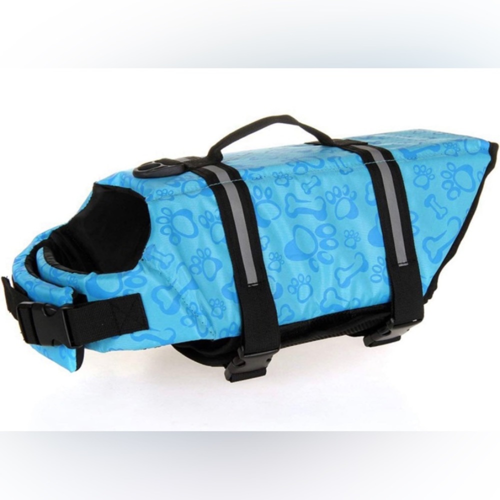 Dog Life Jacket Safety Vest for Pet w/ Reflective Stripe Blue Bone Print NEW